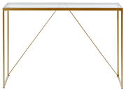 Elegante Konsole mit Glasplatte und goldfarbenem Metallrahmen, seitliche Perspektive.