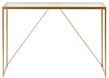 Elegante Konsole mit Glasplatte und goldfarbenem Metallrahmen, seitliche Perspektive.