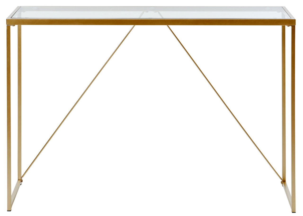 Elegante Konsole mit Glasplatte und goldfarbenem Metallrahmen, seitliche Perspektive.