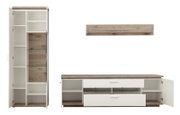 Wohnzimmermöbel-Set in Weiß und Eiche-Optik mit hohem Schrank, TV-Lowboard und Wandboard, Türen und Schubladen geöffnet, Frontansicht