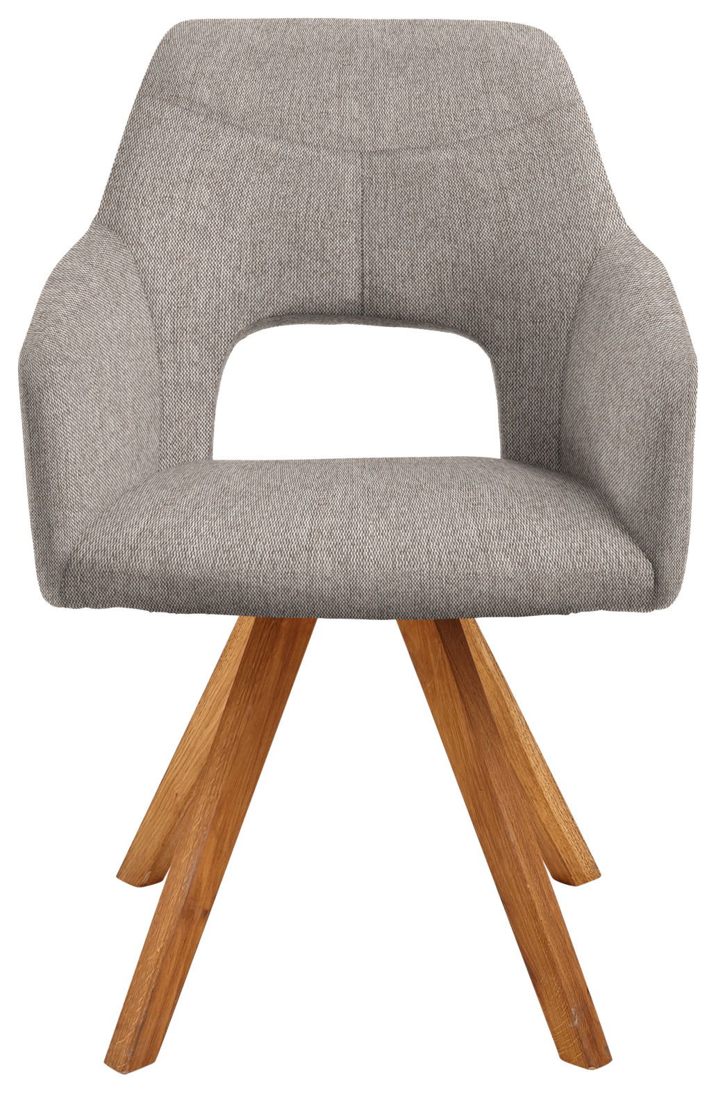 Grauer Sessel mit Holzbeinen, Vorderansicht