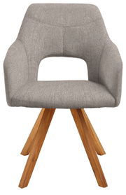 Grauer Sessel mit Holzbeinen, Vorderansicht