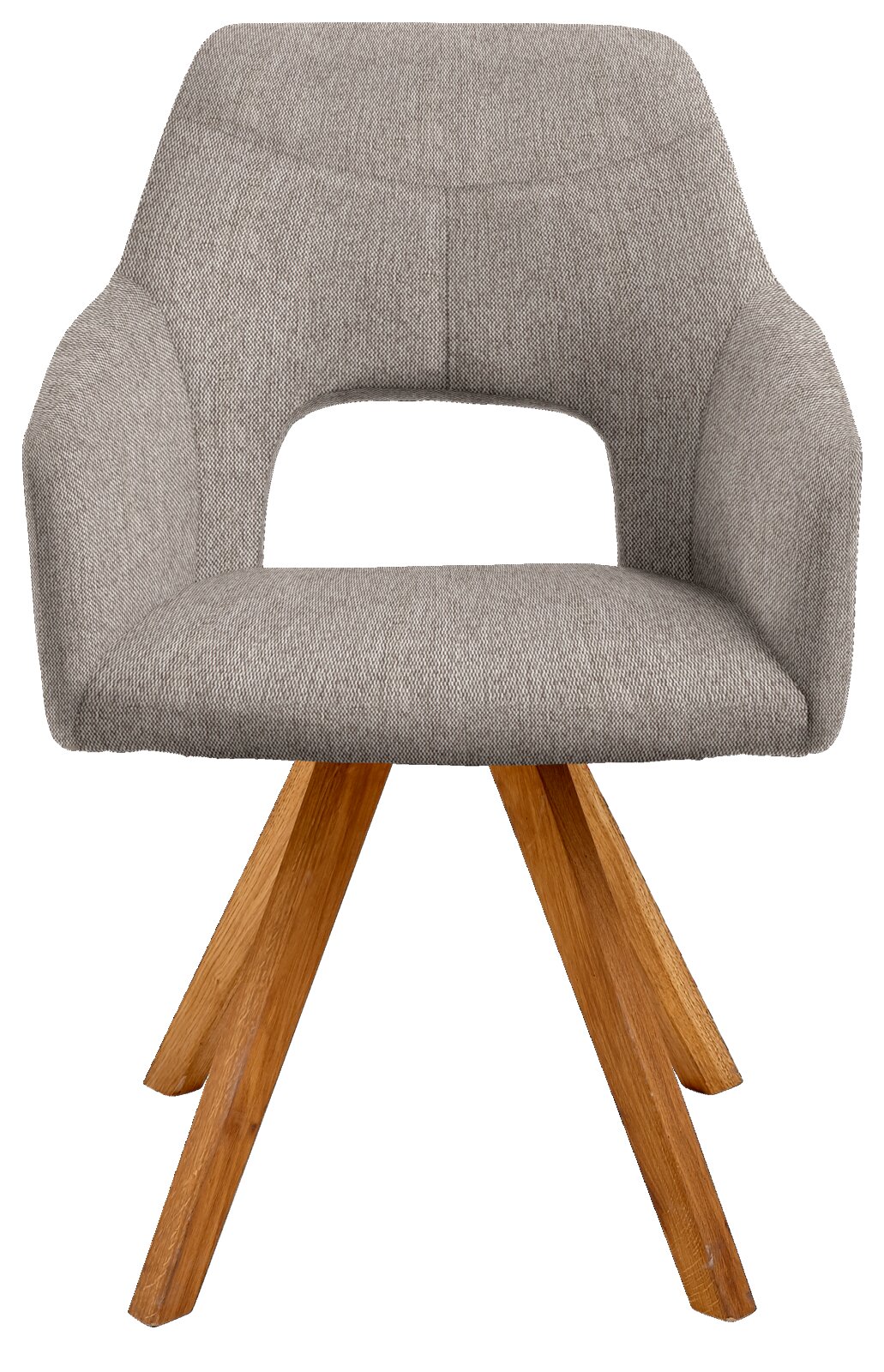 Grauer Sessel mit Holzbeinen, Vorderansicht