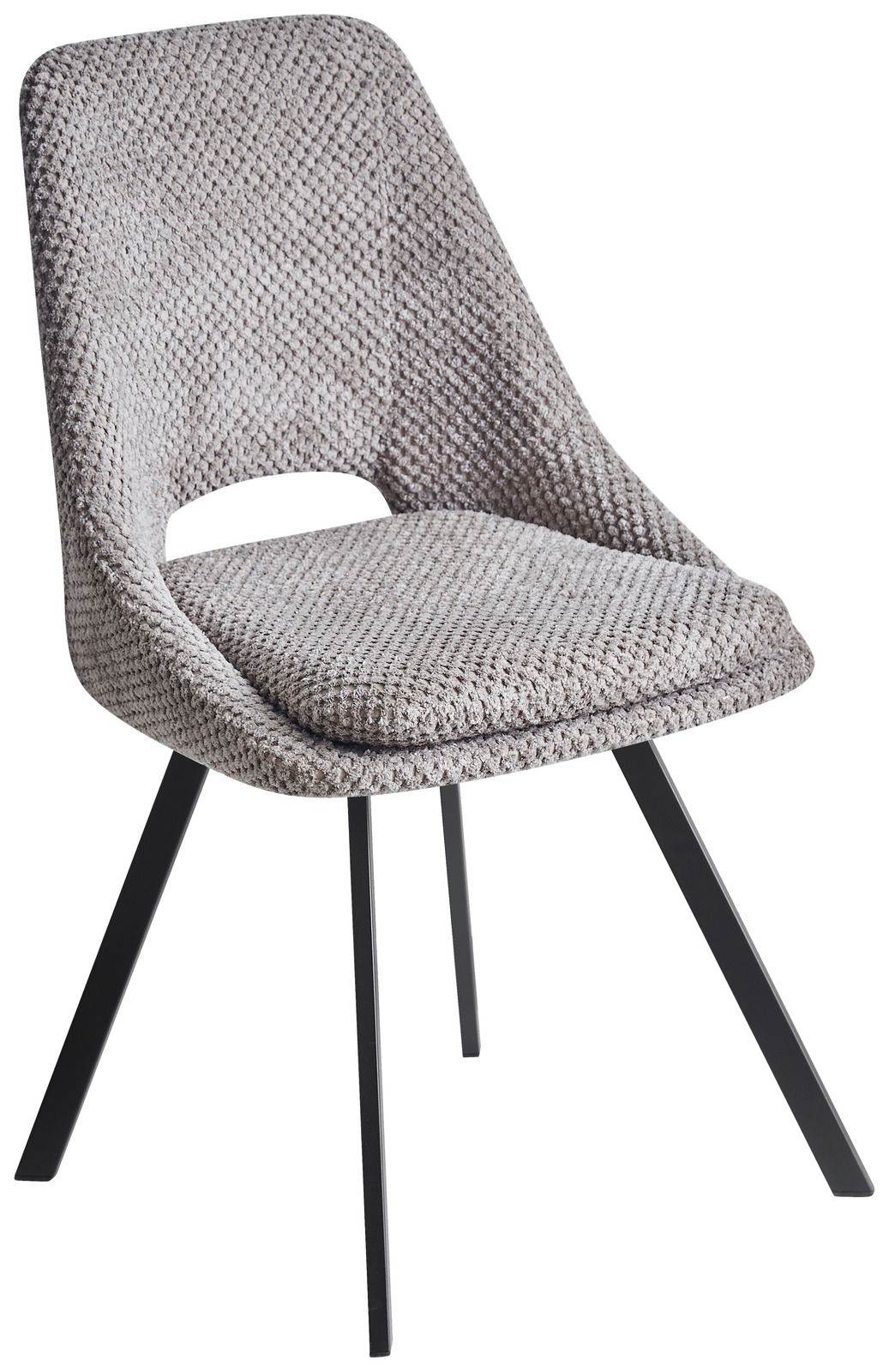 Moderner Stuhl mit grauem, strukturiertem Stoffbezug und schwarzen Metallbeinen, seitliche Perspektive