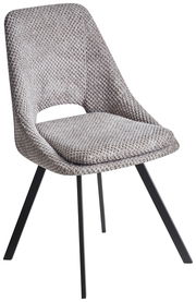 Moderner Stuhl mit grauem, strukturiertem Stoffbezug und schwarzen Metallbeinen, seitliche Perspektive