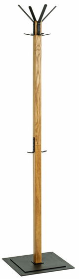 Moderner Garderobenständer aus Holz mit schwarzem Metallfuß und Haken, frontal abgebildet.