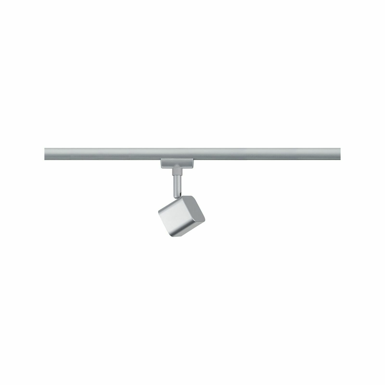 Silberner Schienenspot Muri, seitliche Perspektive, montiert an einer Schiene.