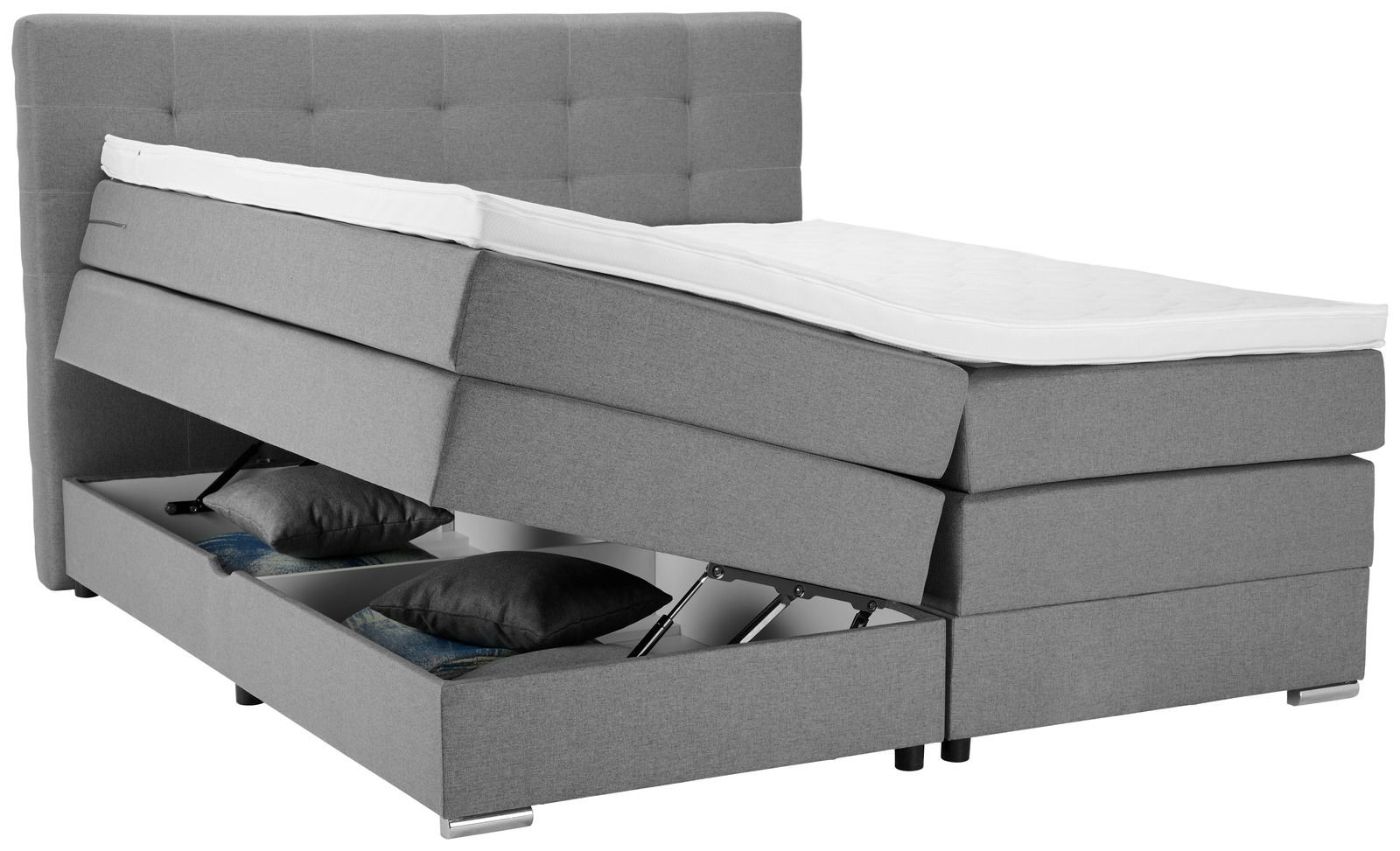 Graues Boxspringbett mit Stauraum, seitliche Perspektive