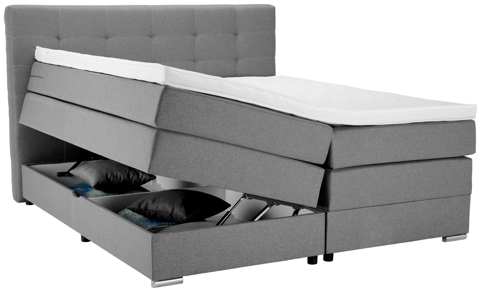 Graues Boxspringbett mit Stauraum, seitliche Perspektive