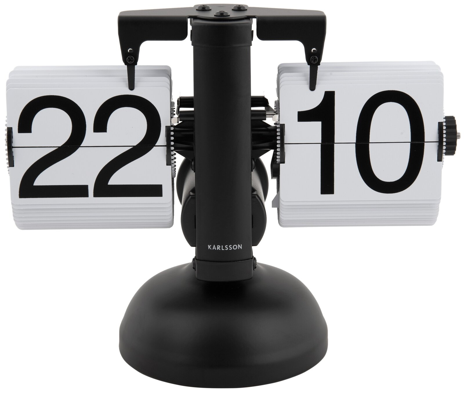 Retro Tischuhr mit Klappzahlen, schwarze Basis, Vorderansicht