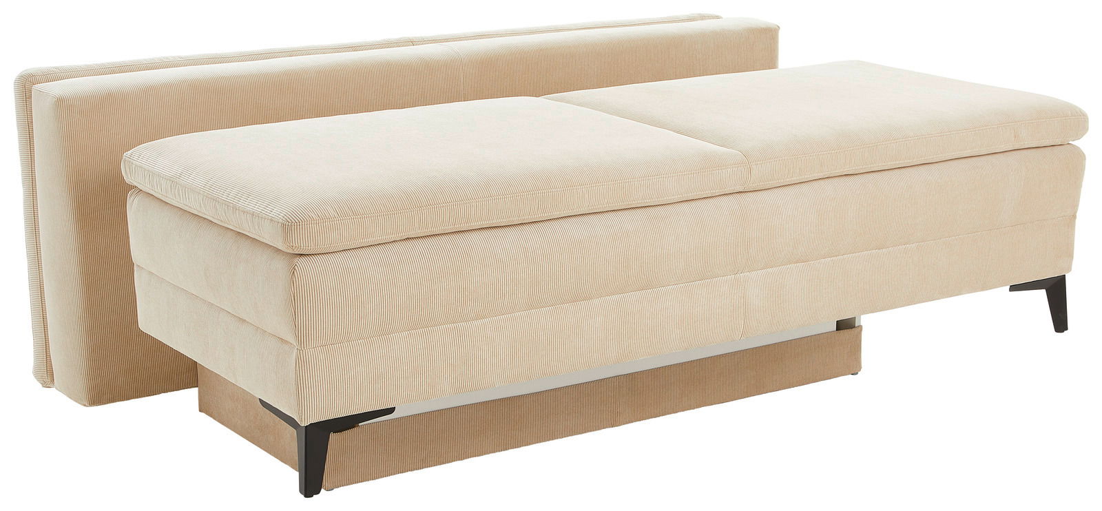 Beige Querschläfer-Sofa mit Hubbeschlag, seitliche Perspektive