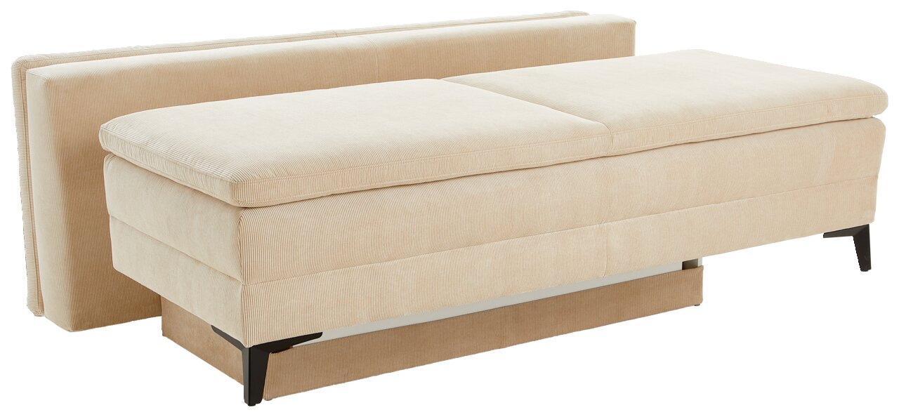 Beige Querschläfer-Sofa mit Hubbeschlag, seitliche Perspektive