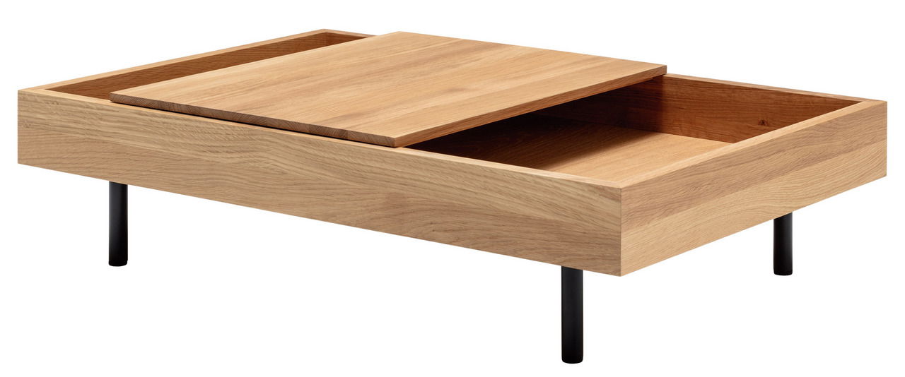 Moderner Couchtisch aus Holz mit Schiebedeckel, seitliche Perspektive