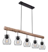 Hängeleuchte aus Metall in Schwarz mit fünf Lampen, die an einem rustikalen Holzstab hängen. Die Perspektive zeigt die Leuchte von der Seite.
