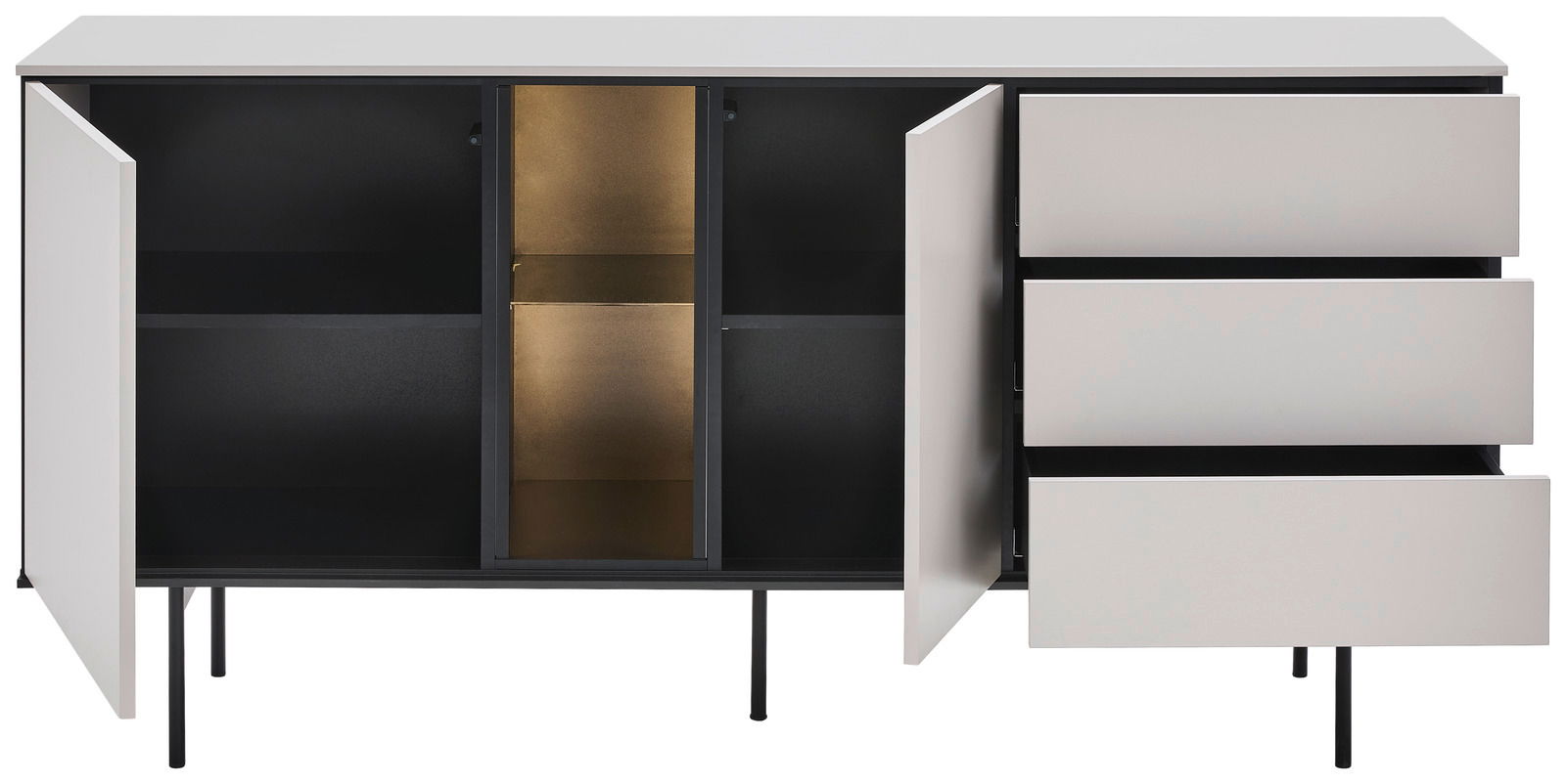 Modernes Sideboard mit offenen Türen und Schubladen, Frontalansicht