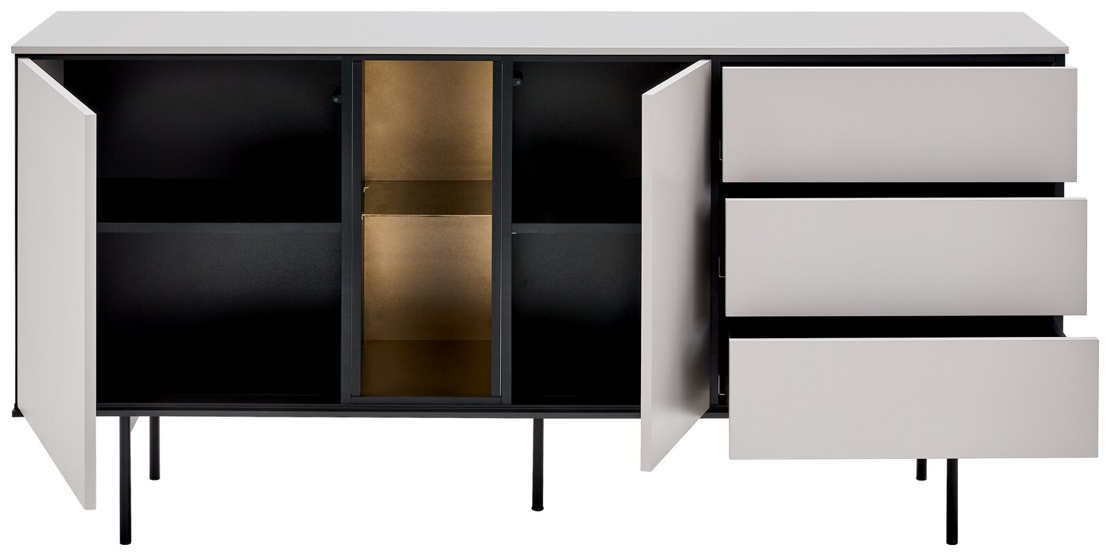 Modernes Sideboard mit offenen Türen und Schubladen, Frontalansicht
