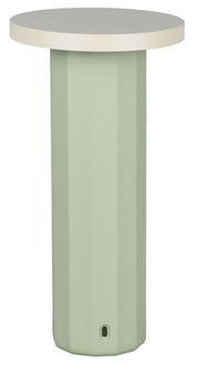 Grüne Akku-Tischleuchte mit zylindrischem Sockel und runder, weißer Oberfläche, frontal betrachtet.