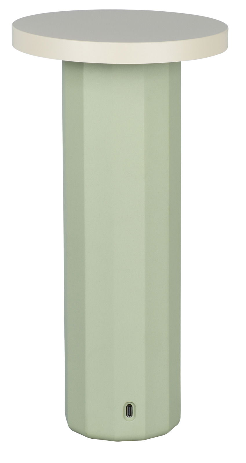 Grüne Akku-Tischleuchte mit zylindrischem Sockel und runder, weißer Oberfläche, frontal betrachtet.