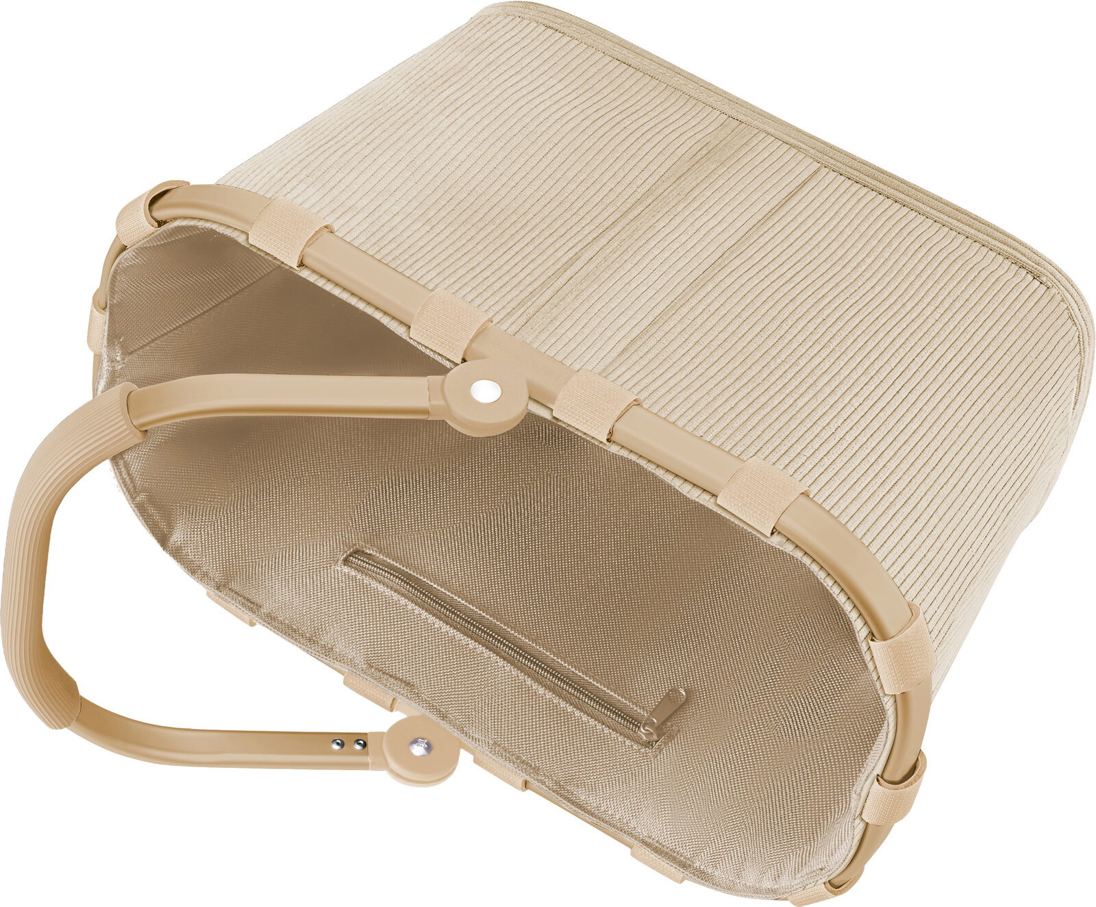 Beige, gerippte Aufbewahrungstasche mit Reißverschluss und klappbarem Metallrahmen, schräg von oben in Seitenansicht fotografiert.
