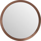 Runder Wandspiegel mit einem Rahmen in Kupferoptik, aus der Vorderansicht fotografiert.