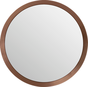 Runder Wandspiegel mit einem Rahmen in Kupferoptik, aus der Vorderansicht fotografiert.