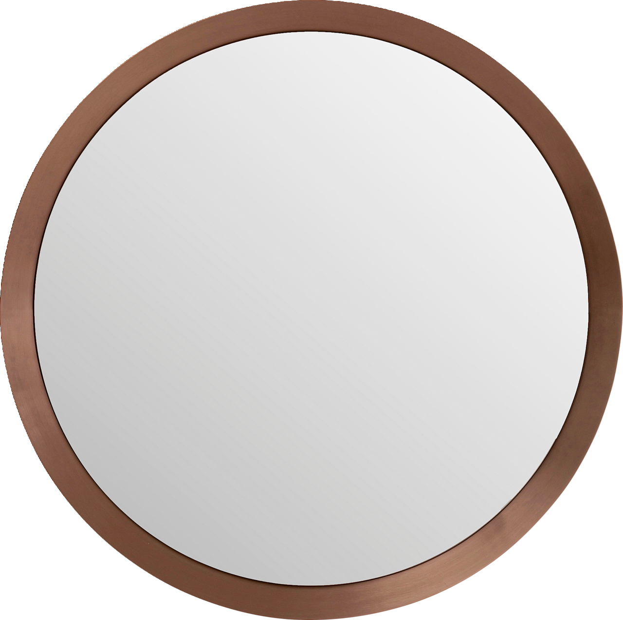 Runder Wandspiegel mit einem Rahmen in Kupferoptik, aus der Vorderansicht fotografiert.