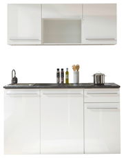 Moderne Single-Küche 160 cm in Weiß, ohne Elektrogeräte, mit Spüle und Stauraum, Frontalansicht