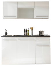 Moderne Single-Küche 160 cm in Weiß, ohne Elektrogeräte, mit Spüle und Stauraum, Frontalansicht