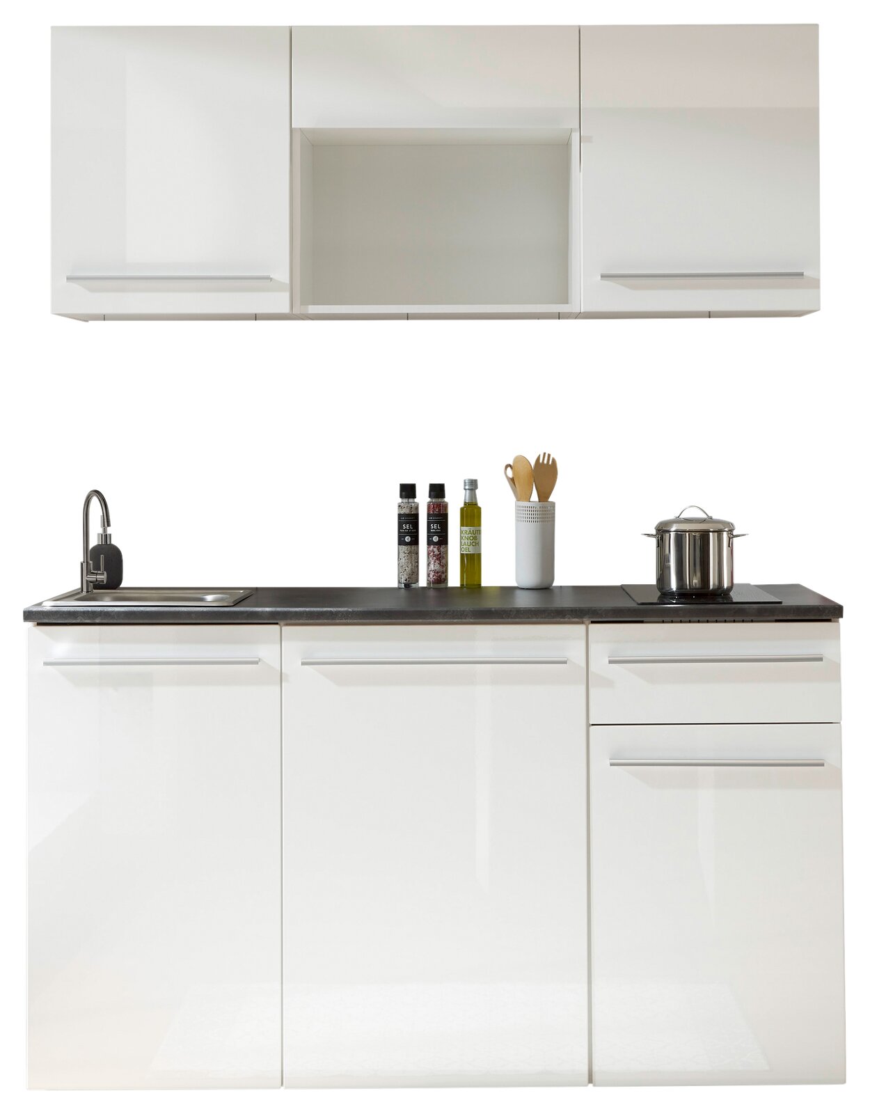 Moderne Single-Küche 160 cm in Weiß, ohne Elektrogeräte, mit Spüle und Stauraum, Frontalansicht