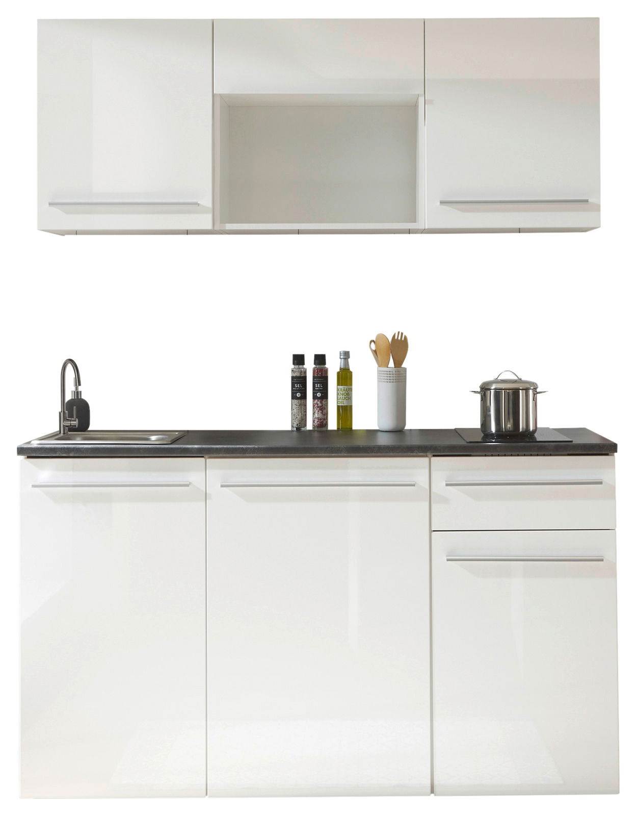 Moderne Single-Küche 160 cm in Weiß, ohne Elektrogeräte, mit Spüle und Stauraum, Frontalansicht