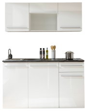 Moderne eenpersoonskeuken van 160 cm in wit, zonder apparatuur, met spoelbak en opbergruimte, vooraanzicht