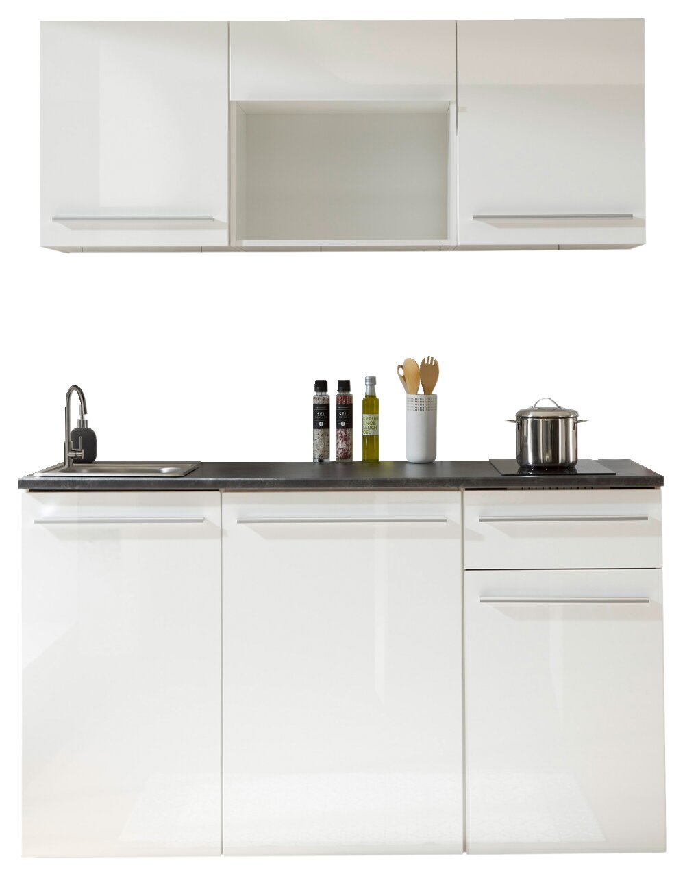 Moderne eenpersoonskeuken van 160 cm in wit, zonder apparatuur, met spoelbak en opbergruimte, vooraanzicht