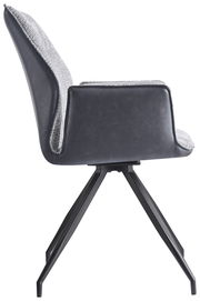 Moderner Armlehnstuhl mit schwarzem Leder und grauem Stoffbezug, seitliche Perspektive