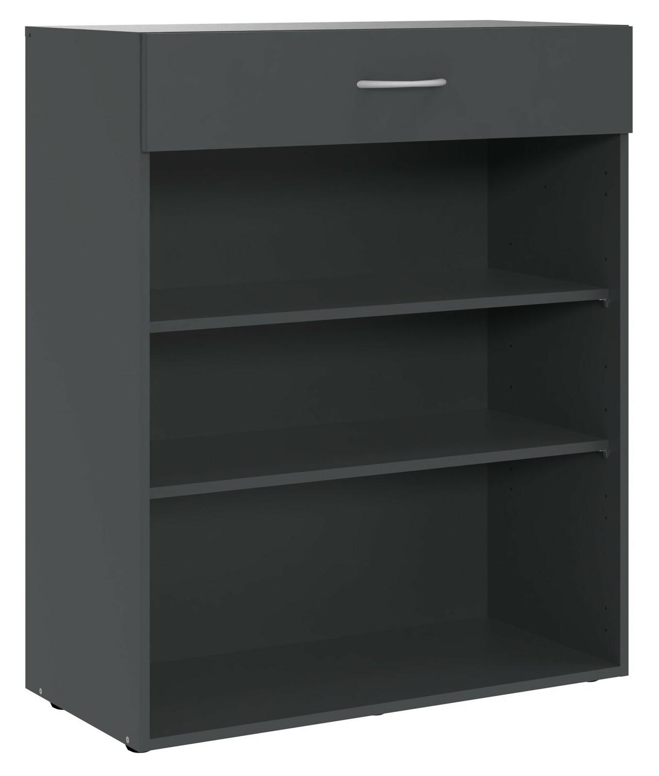 Graues, niedriges Regal mit zwei offenen Fächern und einer Schublade, frontal betrachtet.