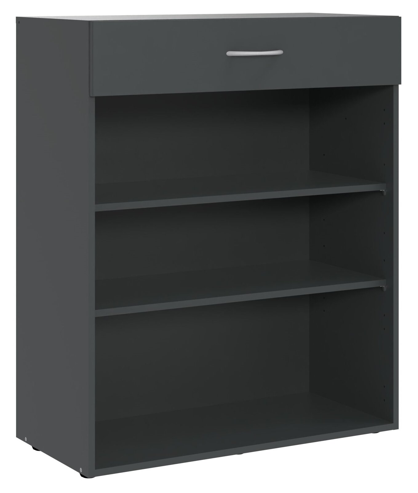 XORA Regal niedrig MULTIRAUMKONZEPT Graues, niedriges Regal mit zwei offenen Fächern und einer Schublade, frontal betrachtet.