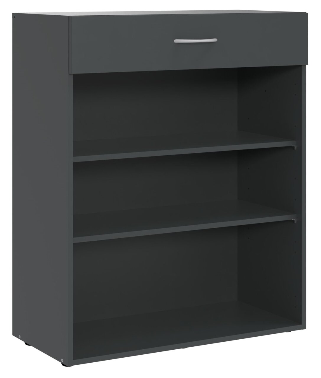 Graues, niedriges Regal mit zwei offenen Fächern und einer Schublade, frontal betrachtet.