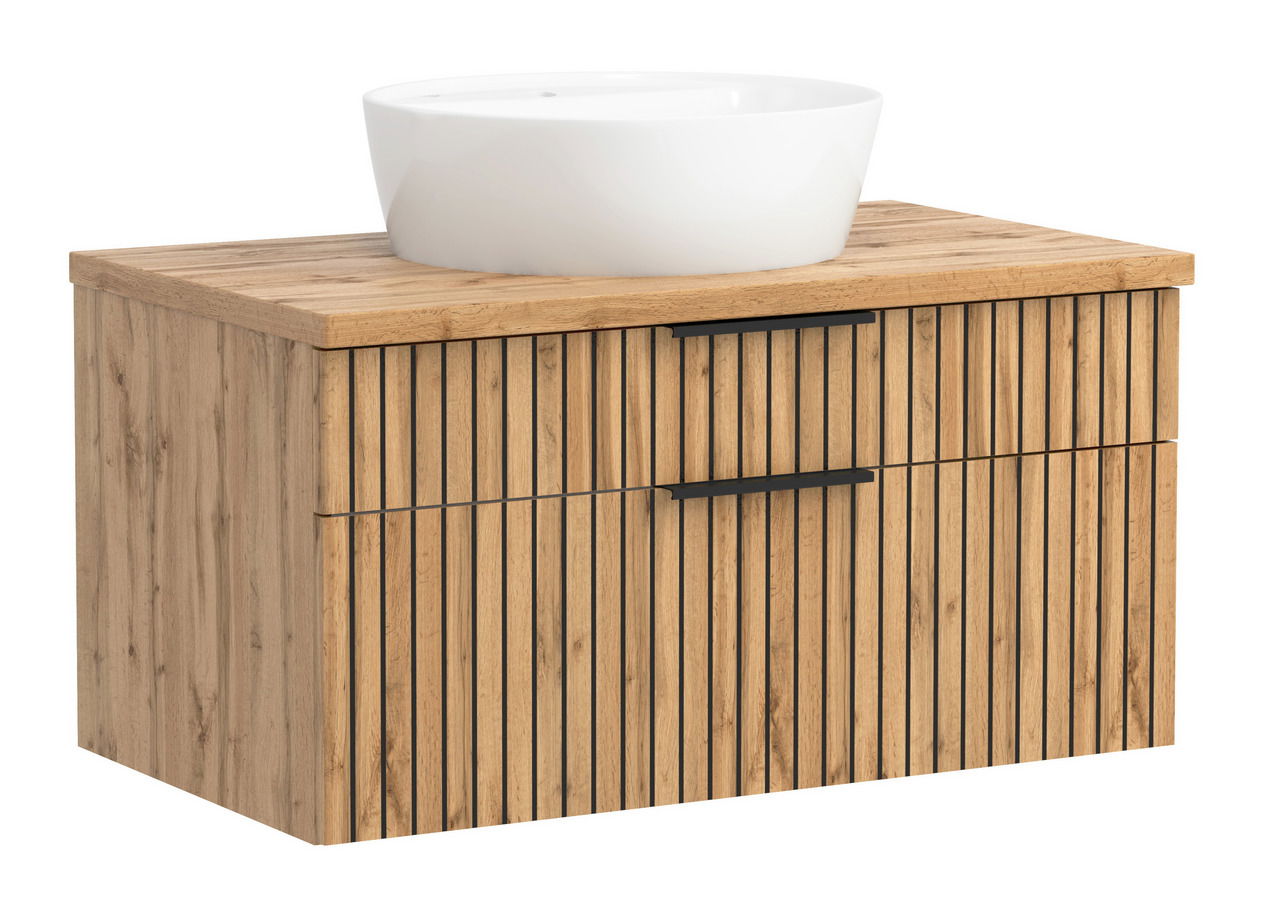 Waschtisch-Set 80 cm aus Holz mit vertikalen Streifen und weißem Aufsatzbecken, seitliche Perspektive