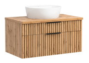 Waschtisch-Set 80 cm aus Holz mit vertikalen Streifen und weißem Aufsatzbecken, seitliche Perspektive