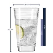 Trinkglas Vario 280ml von Leonardo, gefüllt mit sprudelndem Wasser und einer Limettenscheibe, seitliche Perspektive