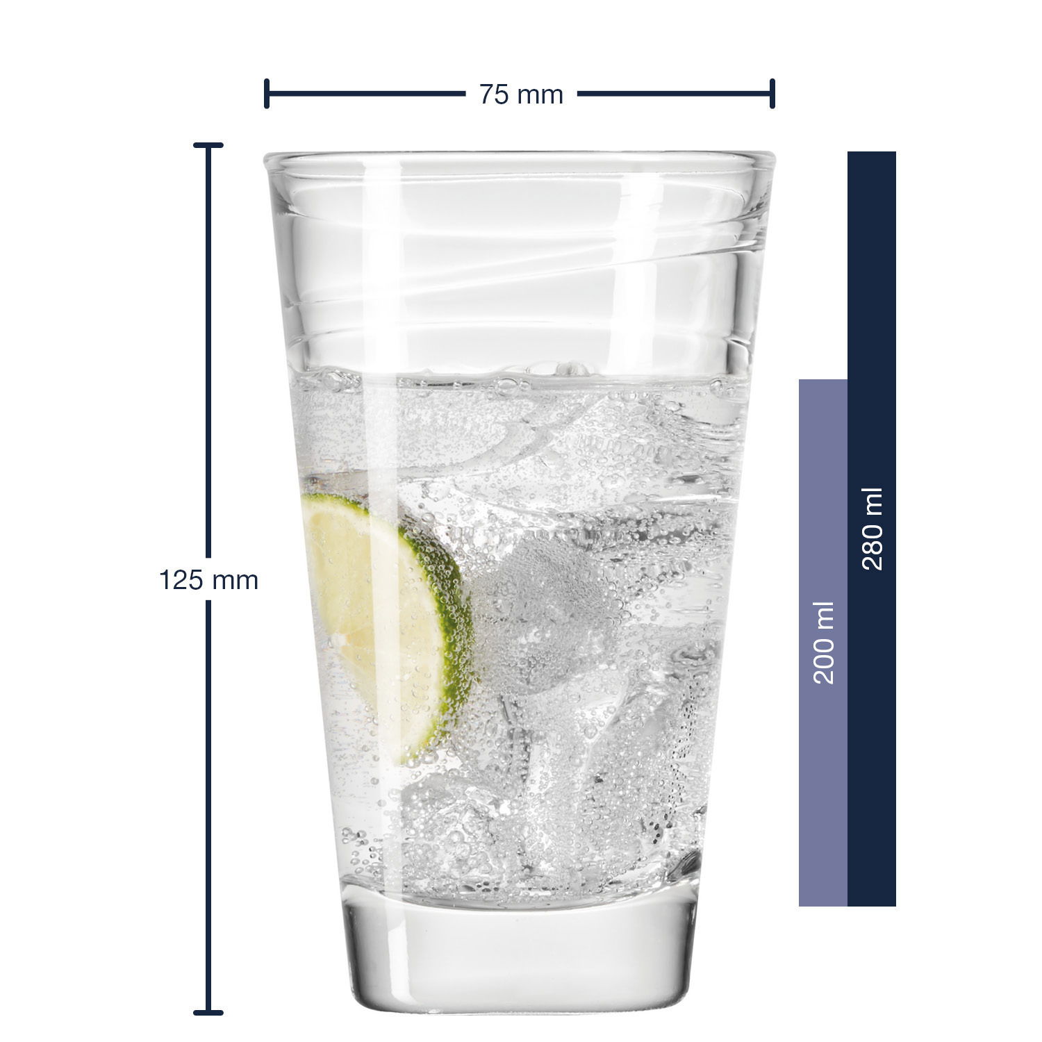 Trinkglas Vario 280ml von Leonardo, gefüllt mit sprudelndem Wasser und einer Limettenscheibe, seitliche Perspektive