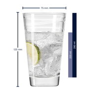 Vario-drinkglas van 280 ml van Leonardo, gevuld met bruisend water en een schijfje limoen, zijaanzicht