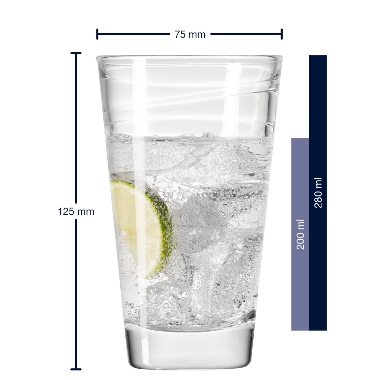 Vario-drinkglas van 280 ml van Leonardo, gevuld met bruisend water en een schijfje limoen, zijaanzicht