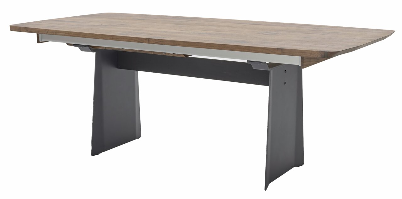 Moderner Esstisch mit Holzplatte und schwarzen Metallbeinen, seitliche Perspektive