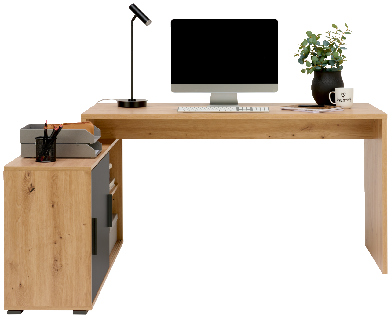 Moderne Bürokombination aus Holz mit Schreibtisch, Computer, Lampe und Pflanzen, frontal betrachtet.