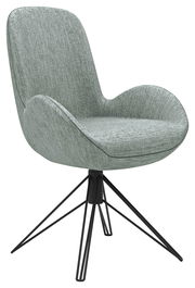 Moderner Armlehnstuhl mit grauem Stoffbezug und schwarzem Metallgestell, seitliche Perspektive