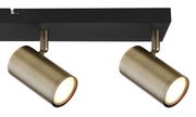 Zwei zylinderförmige Strahler in Altmessing-Optik, montiert auf einer schwarzen Schiene, seitliche Perspektive.