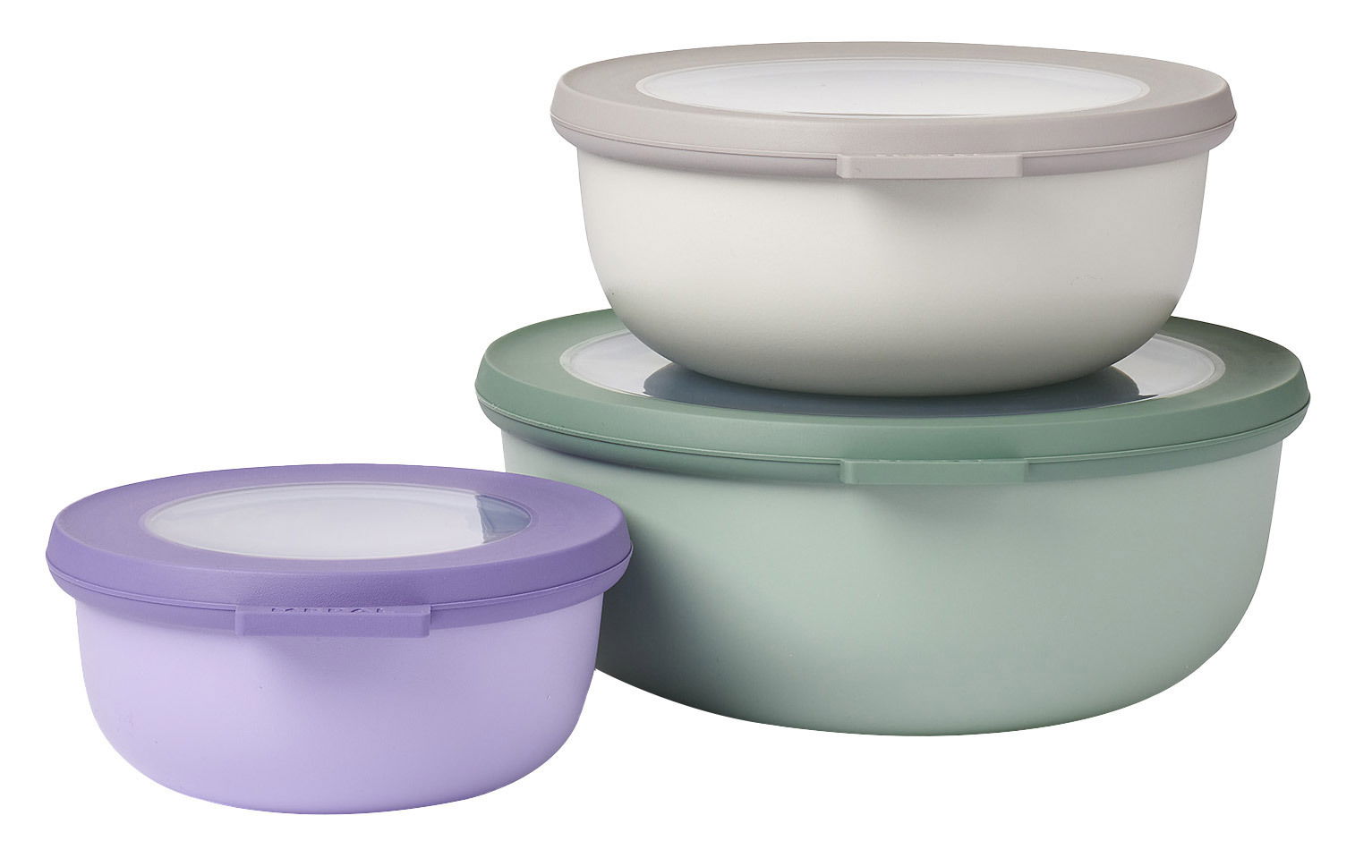 Mepal Vorratsdosen-Set 3-tlg. CIRQULA Drei runde, flache Schüsseln in verschiedenen Größen und Farben, gestapelt. Perspektive von schräg oben.