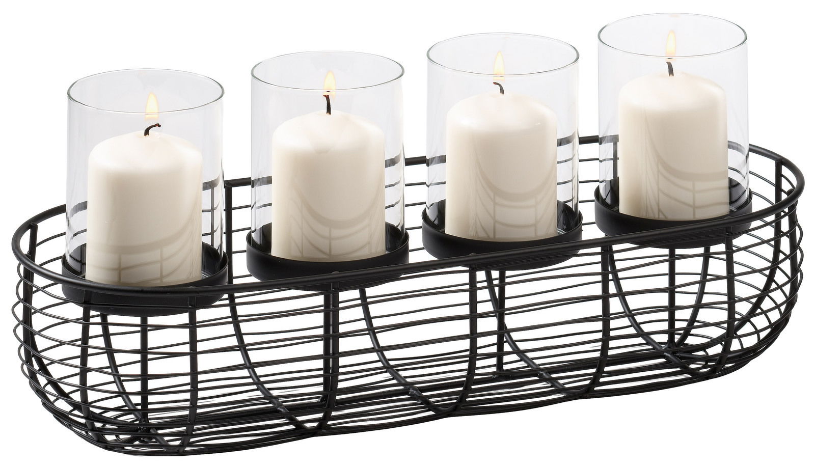 Dekorativer Kerzenhalter mit vier weißen Kerzen in Glaszylindern, präsentiert in einem schwarzen Metallkorb, seitliche Perspektive.