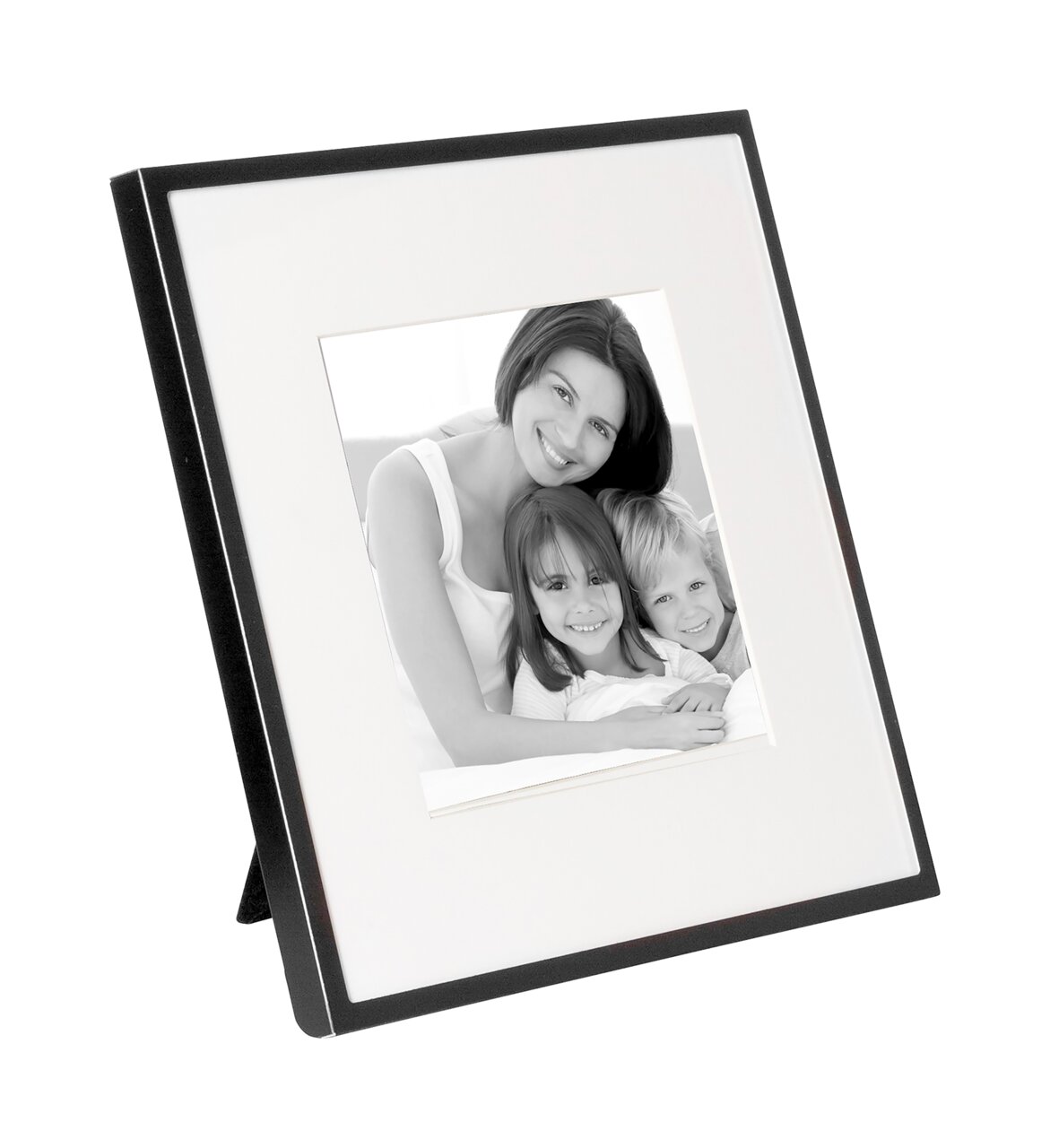 Zwart aluminium frame met een familiefoto, zijaanzicht