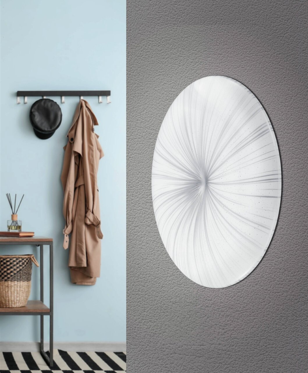 Runde LED-Deckenleuchte NIEVES in Nahaufnahme, an einer grauen Wand montiert, mit einem eleganten, strahlenförmigen Muster.